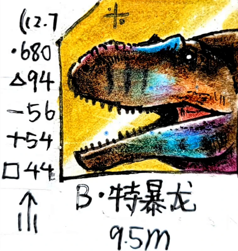 B·特暴龙的卡：左栏数值，右侧彩铅画的头部，底下是名字和体长 9.5m